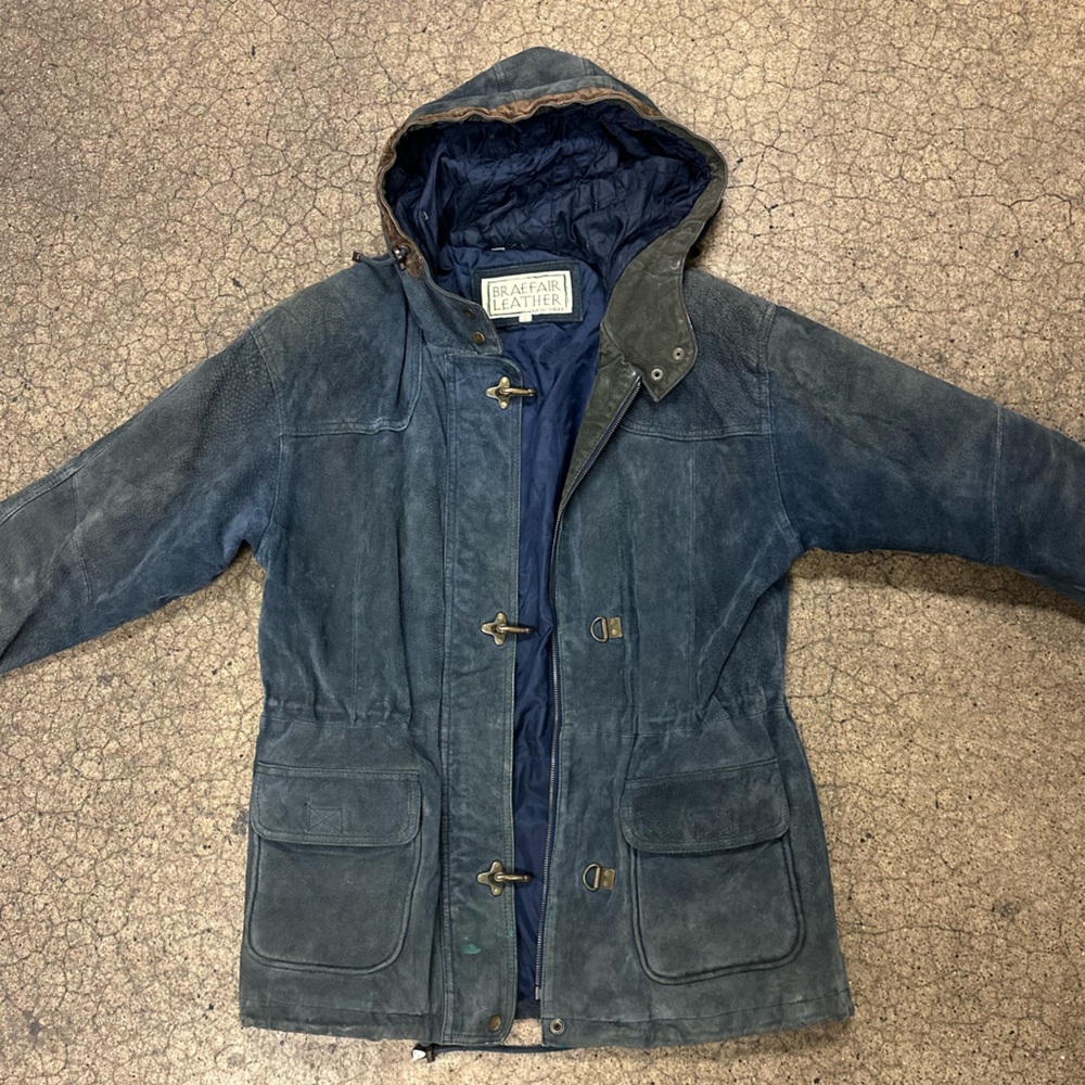 Rare VTG Braefair Leather New York Blue Hooded Jacket with Toggle Closures